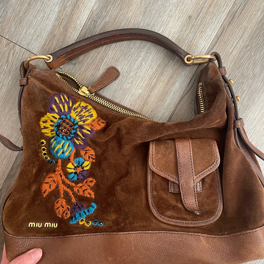 Miu Miu Brown Suede Flower Embroidered Women's Bag